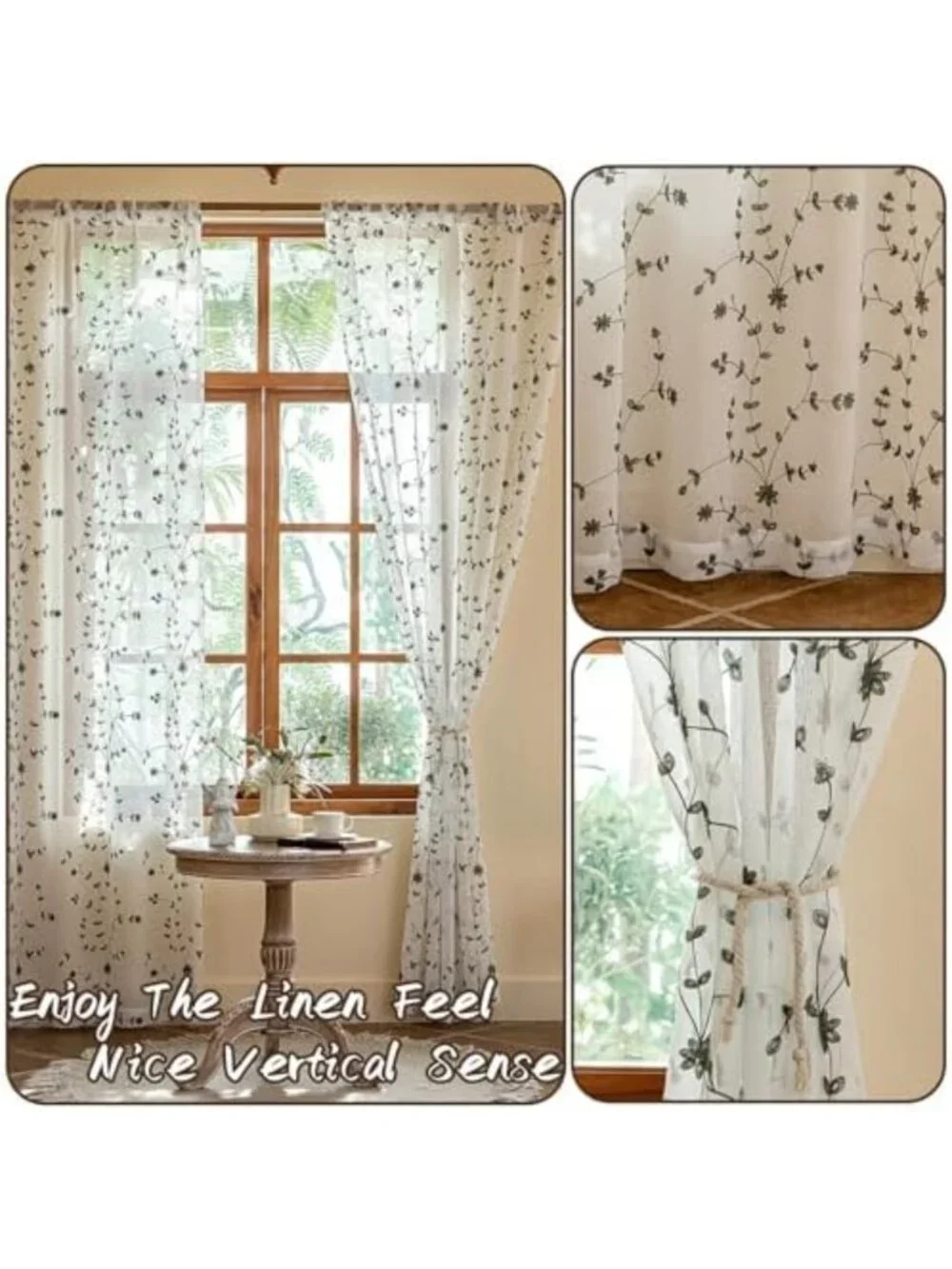 Leaf Flora Embroidered Semi-Sheer Curtains - Farmhouse Window Treatment, 53x84